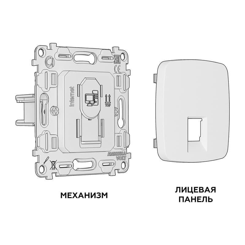 Комплект механизма компьютерной розетки OMEGA Белый глянец RJ-45(8P8C) CAT6 с шторкой QUANT (OP1120, VM188)