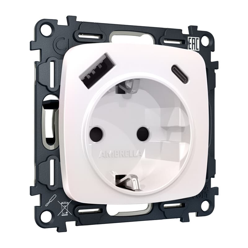 Комплект механизма электрической розетки OMEGA Жемчуг 2USB A+C 20W (быстрая зарядка) с/з QUANT (OP2100, VM160)