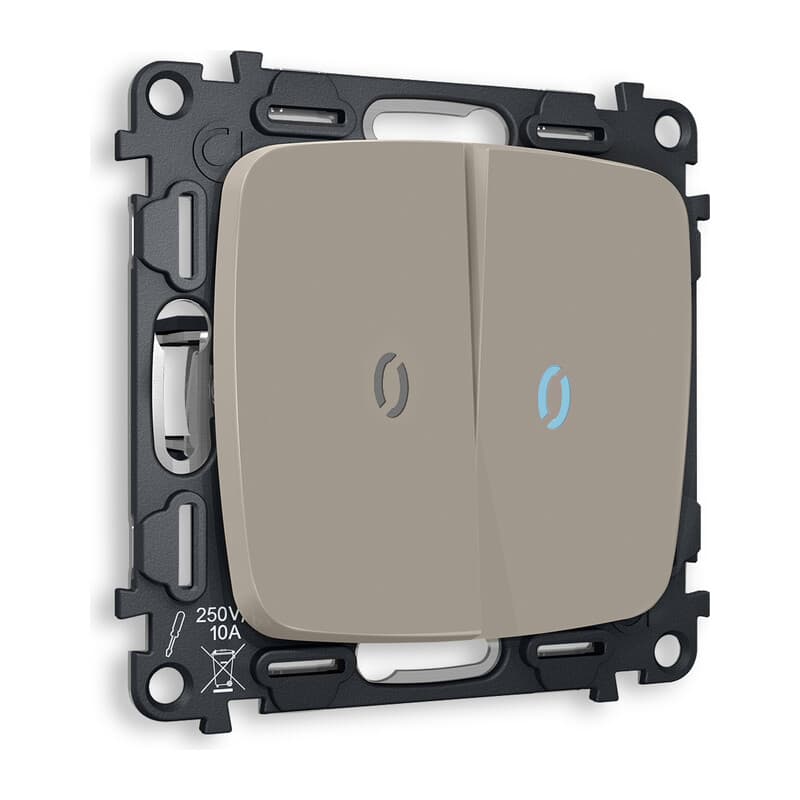 Комплект механизма 2-кл проходного выключателя с подсветкой 10000K OMEGA Серо-бежевый матовый QUANT (OP3640, VM120, G29B)