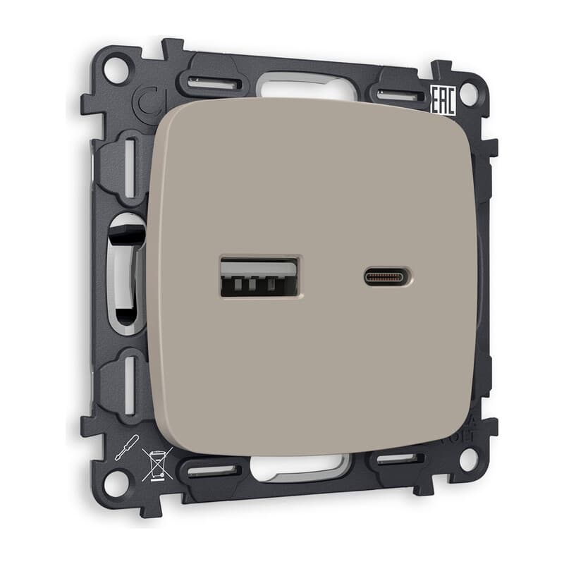 Комплект механизма розетки OMEGA Серо-бежевый матовый 2USB A+C 20W (быстрая зарядка) QUANT (OP3710, VM177)