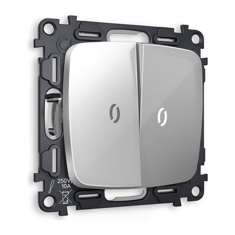 Комплект механизма 2-кл выключателя с подсветкой 5600K OMEGA Серебро глянец QUANT (OP4040, VM115, G14W)