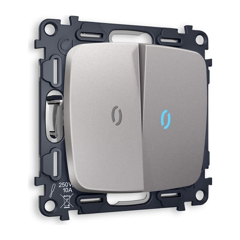 Комплект механизма 2-кл проходного выключателя с подсветкой 10000K OMEGA Сталь матовый QUANT (OP5040, VM120, G29B)