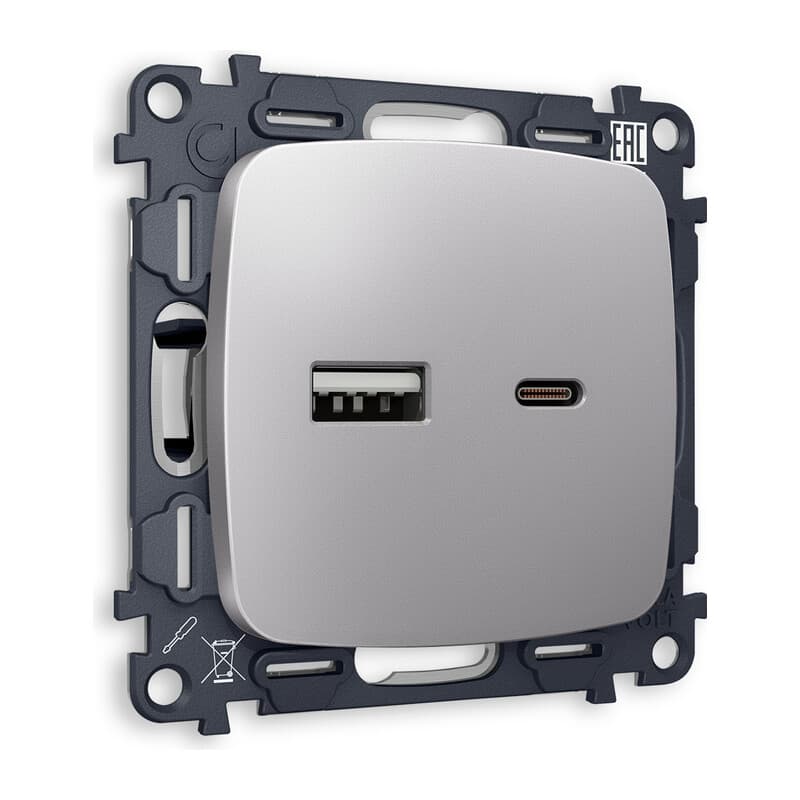 Комплект механизма розетки OMEGA Сталь матовый 2USB A+C 20W 3000mA (быстрая зарядка) QUANT (OP5110, VM177)