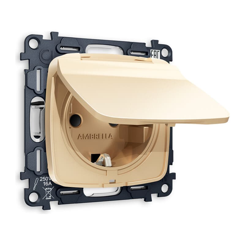 Комплект механизма электрической розетки OMEGA Шампань с/з с шторками и крышкой IP44 QUANT (OP6080, VM141)