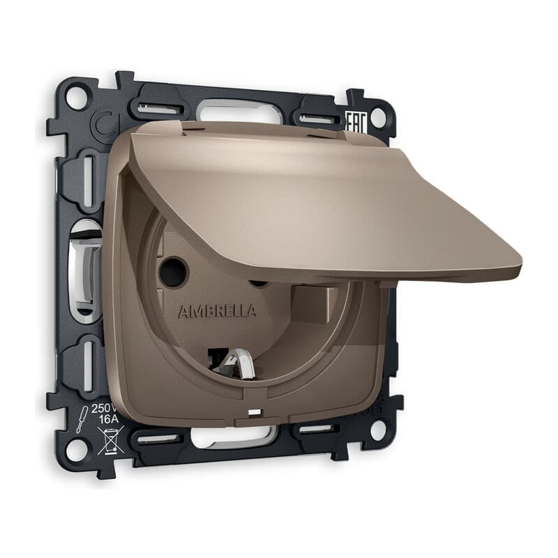 Комплект механизма электрической розетки OMEGA Темная бронза матовый с/з с шторками и крышкой IP44 QUANT (OP6380, VM141)