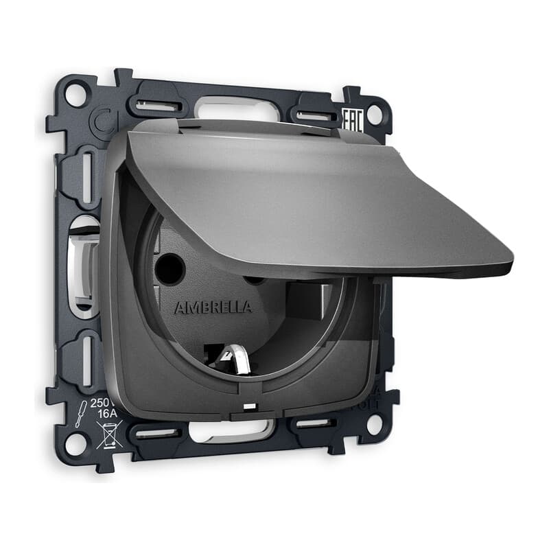 Комплект механизма электрической розетки OMEGA Антрацит серый с/з с шторками и крышкой IP44 QUANT (OP6580, VM141)