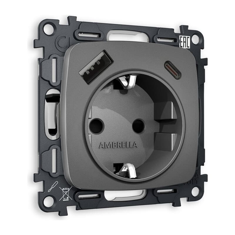 Комплект механизма электрической розетки OMEGA Антрацит серый 2USB A+C 20W (быстрая зарядка) с/з QUANT (OP6600, VM160)