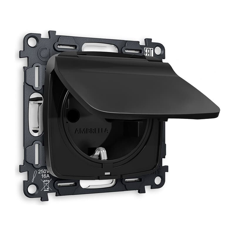 Комплект механизма электрической розетки OMEGA Черный матовый с/з с шторками и крышкой IP44 QUANT (OP8080, VM141)