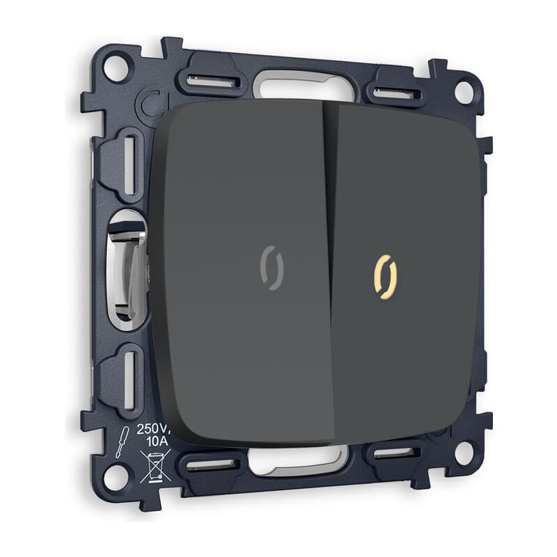 Комплект механизма 2-кл выключателя с подсветкой 3200K OMEGA Графит мягкое касание QUANT (OP9040, VM115, G11Y)