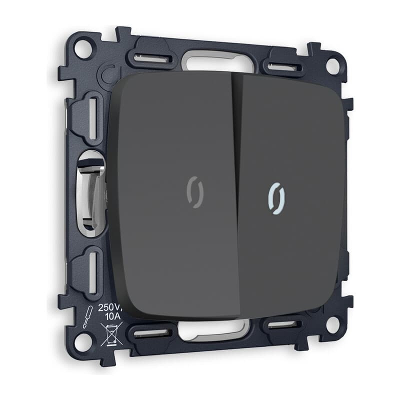 Комплект механизма 2-кл проходного выключателя с подсветкой 5600K OMEGA Графит мягкое касание QUANT (OP9040, VM120, G25W)