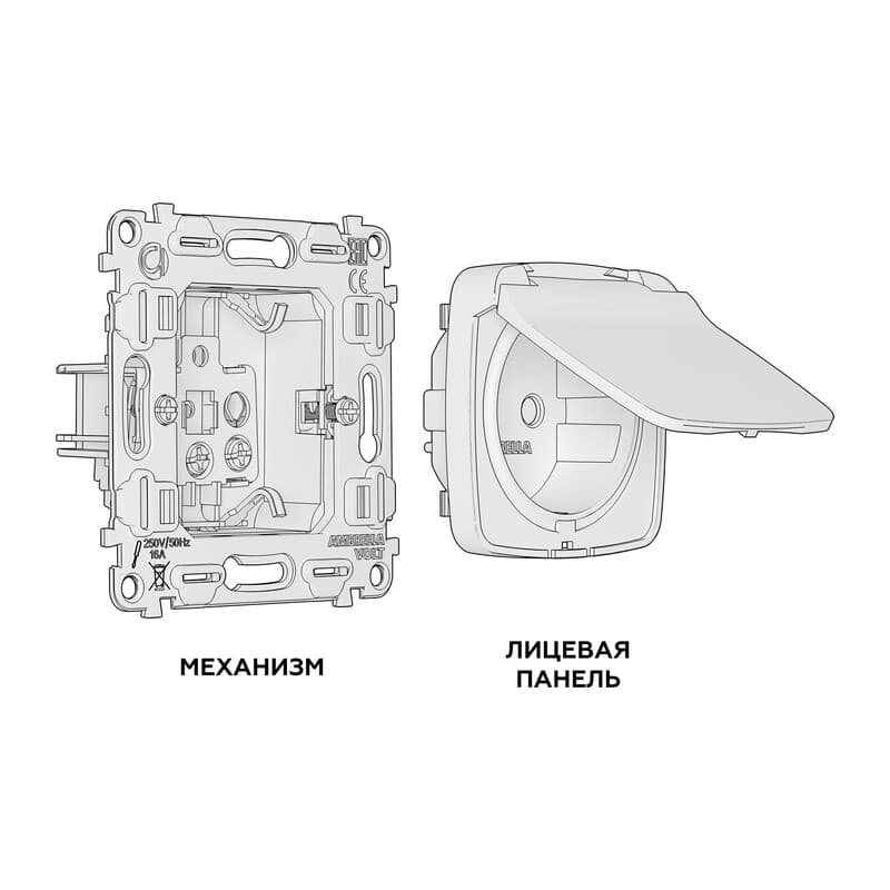 Комплект механизма электрической розетки OMEGA Графит мягкое касание с/з с шторками и крышкой IP44 QUANT (OP9080, VM141)