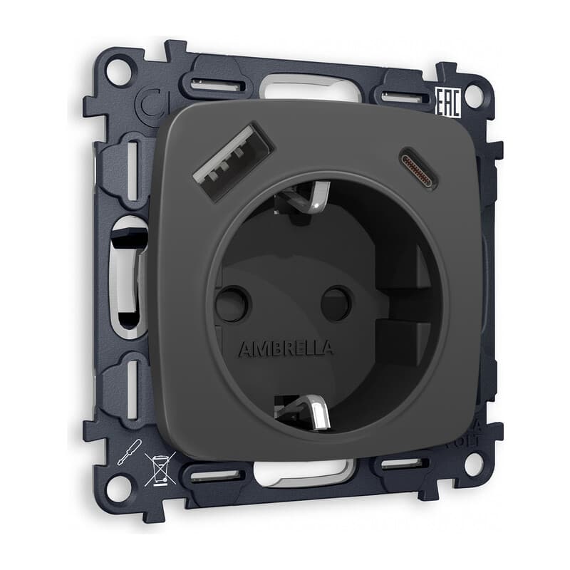 Комплект механизма электрической розетки OMEGA Графит мягкое касание 2USB A+C 20W (быстрая зарядка) с/з QUANT (OP9100, VM160)