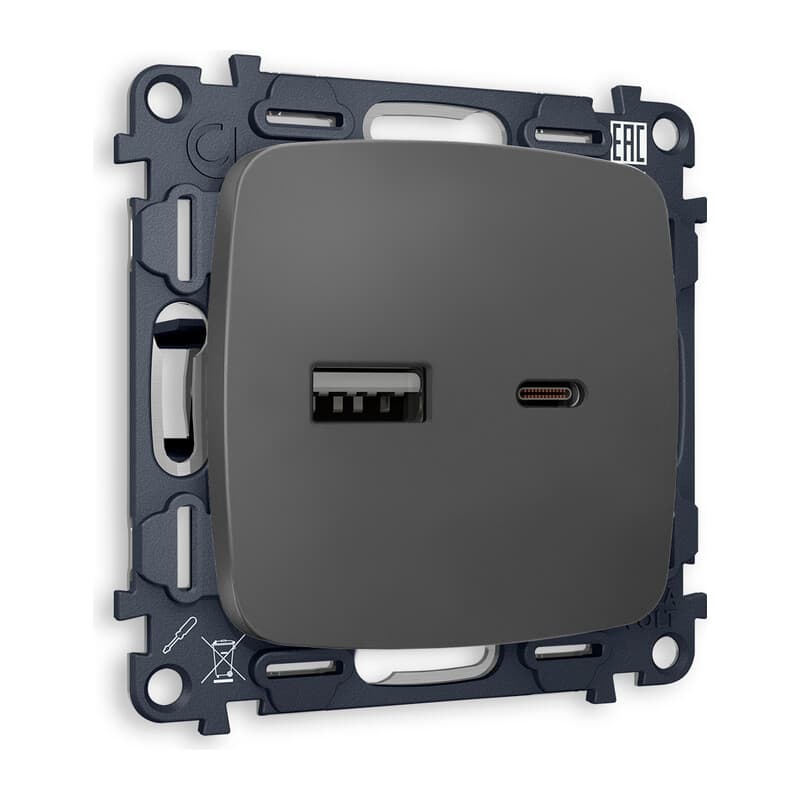 Комплект механизма розетки OMEGA Графит мягкое касание 2USB A+C 20W (быстрая зарядка) QUANT (OP9110, VM177)