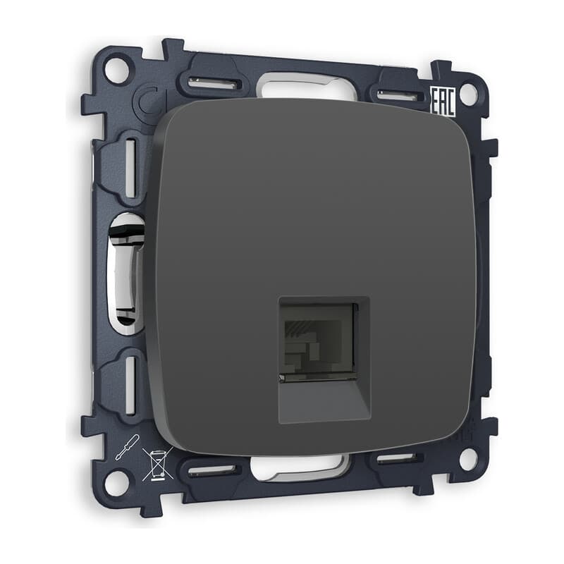 Комплект механизма компьютерной розетки OMEGA Графит мягкое касание RJ-45(8P8C) CAT6 с шторкой QUANT (OP9120, VM188)