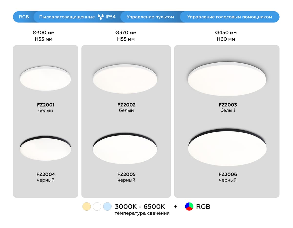 FZ2001 WH белый IP54 20W 3000K-6500K+RGB Wi-Fi Алиса/Tuya/Smart Home/Alexa D300*55 (ПДУ ИК)