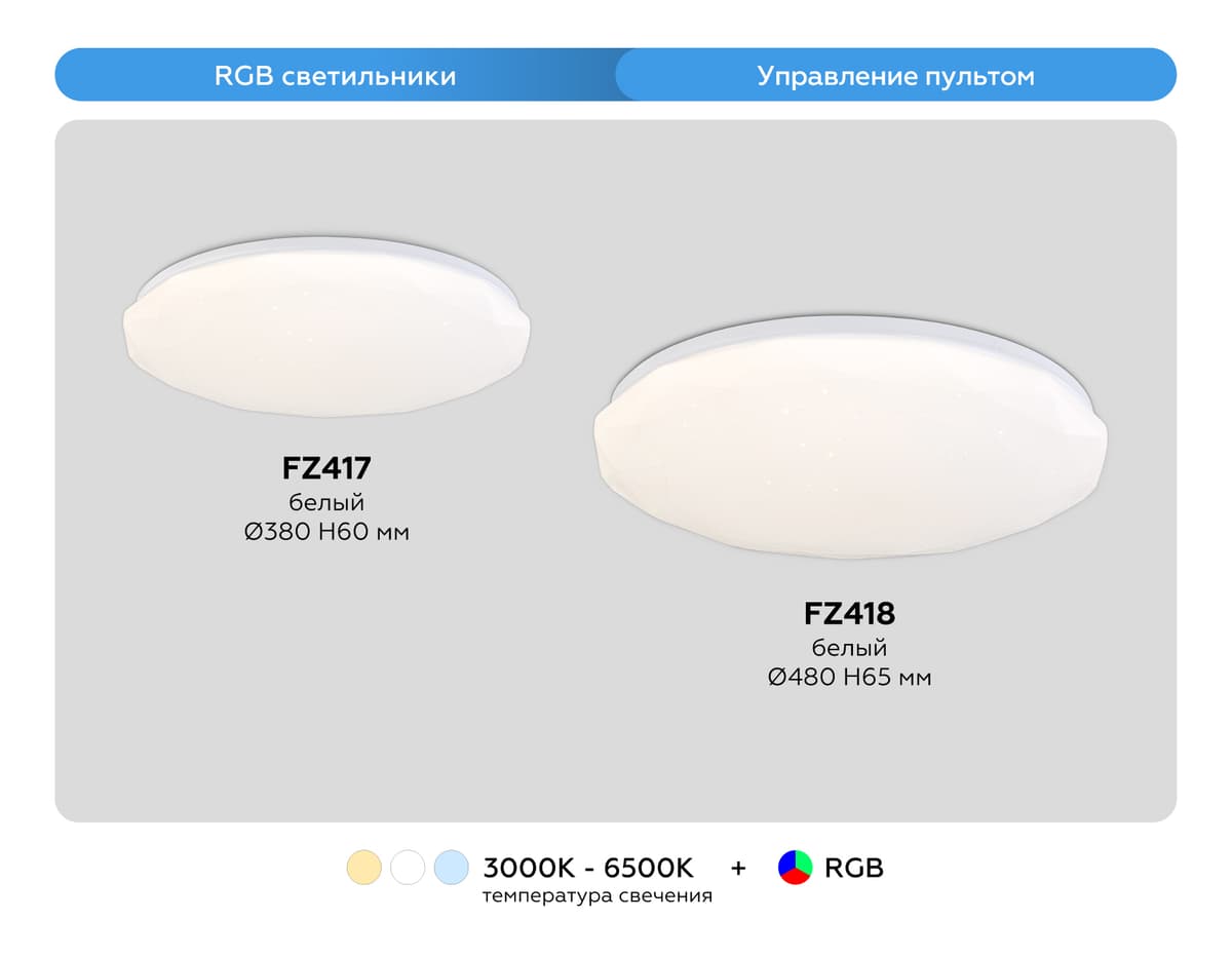 FZ418 WH белый IP20 66W 3000K-6500K+RGB D480*65 (ПДУ ИК)