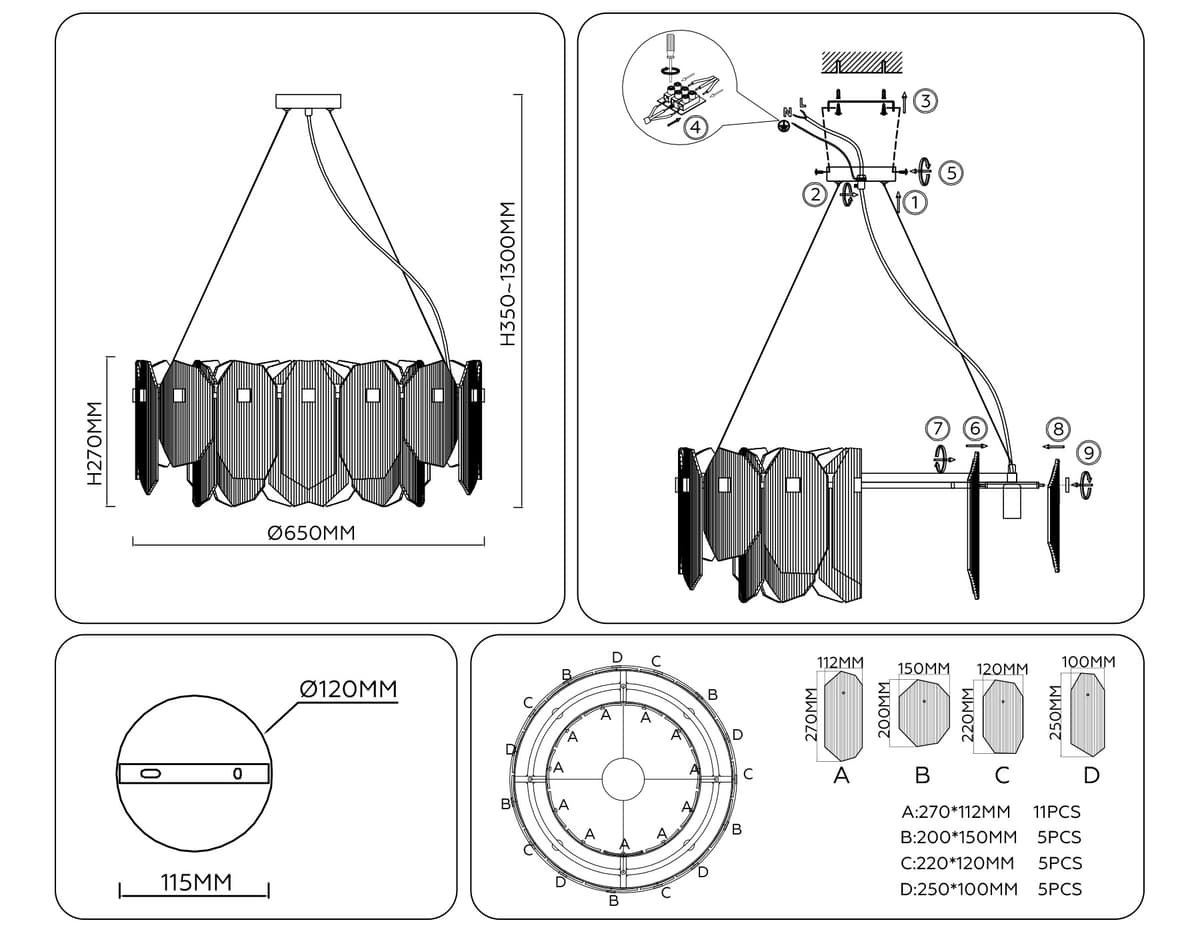 LH31203/8 SN/SM сатин никель/дымчатый E14*8 max 40W D650*270