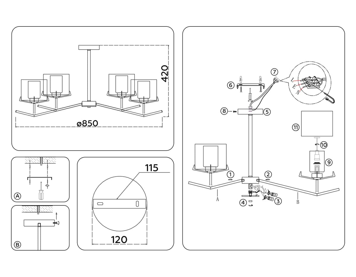 LH57008/6 BS/FR латунь/белый матовый E14/6 max 40W D850*420