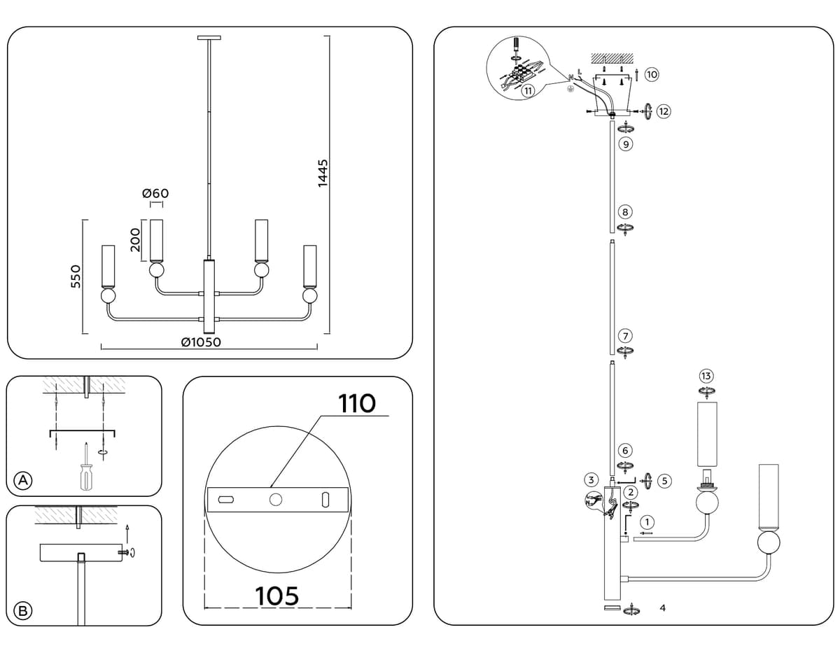 LH53251/6 BS/FR латунь/белый матовый E14*6 max 40W D1050*1445