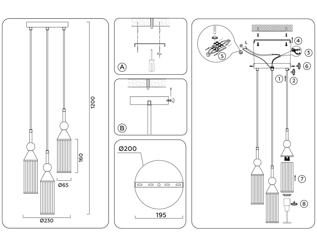 LH55252/3 BK/BS/CL черный/латунь/прозрачный E14*3 max 40W D230*1200