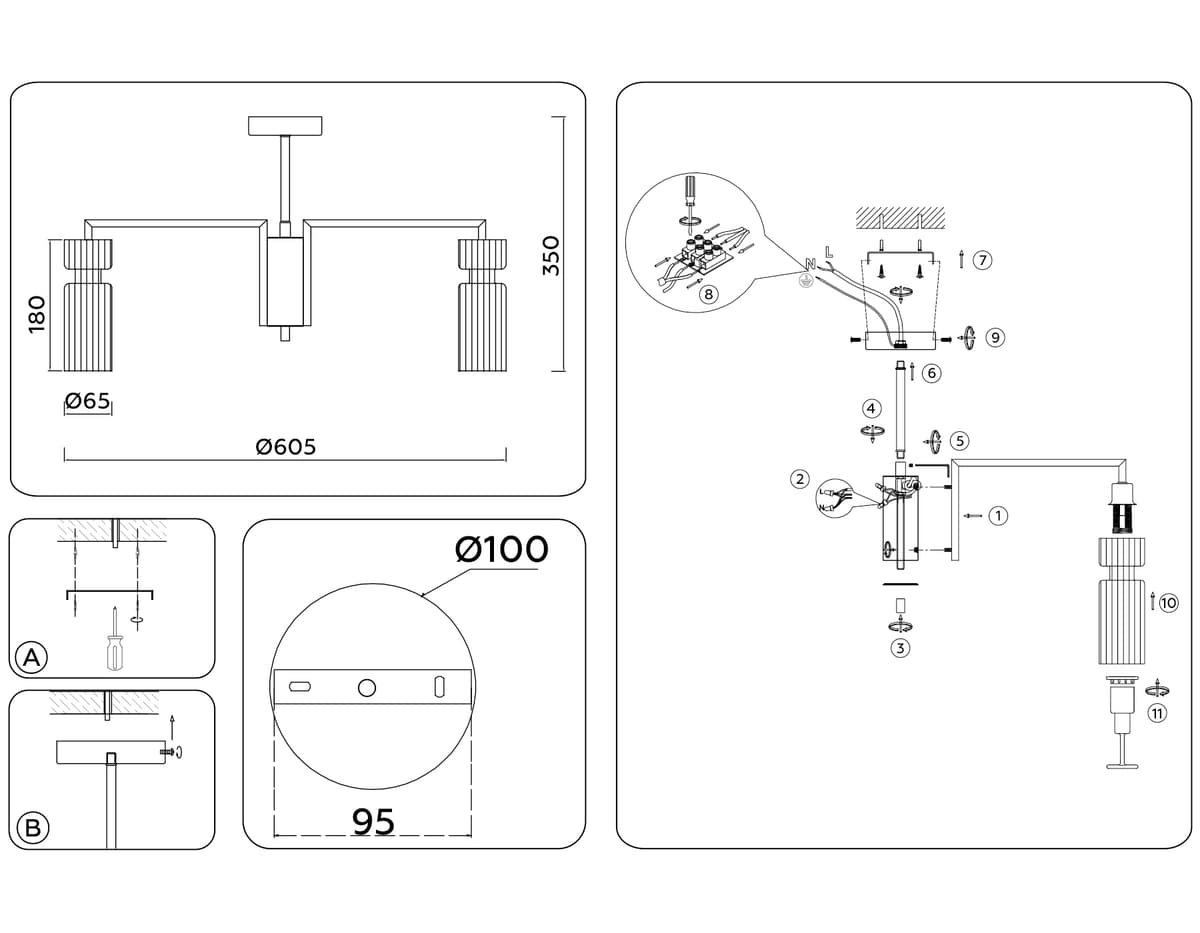 LH56113/5 BK/BS/CL черный/латунь/прозрачный E14*5 max 40W D605*350
