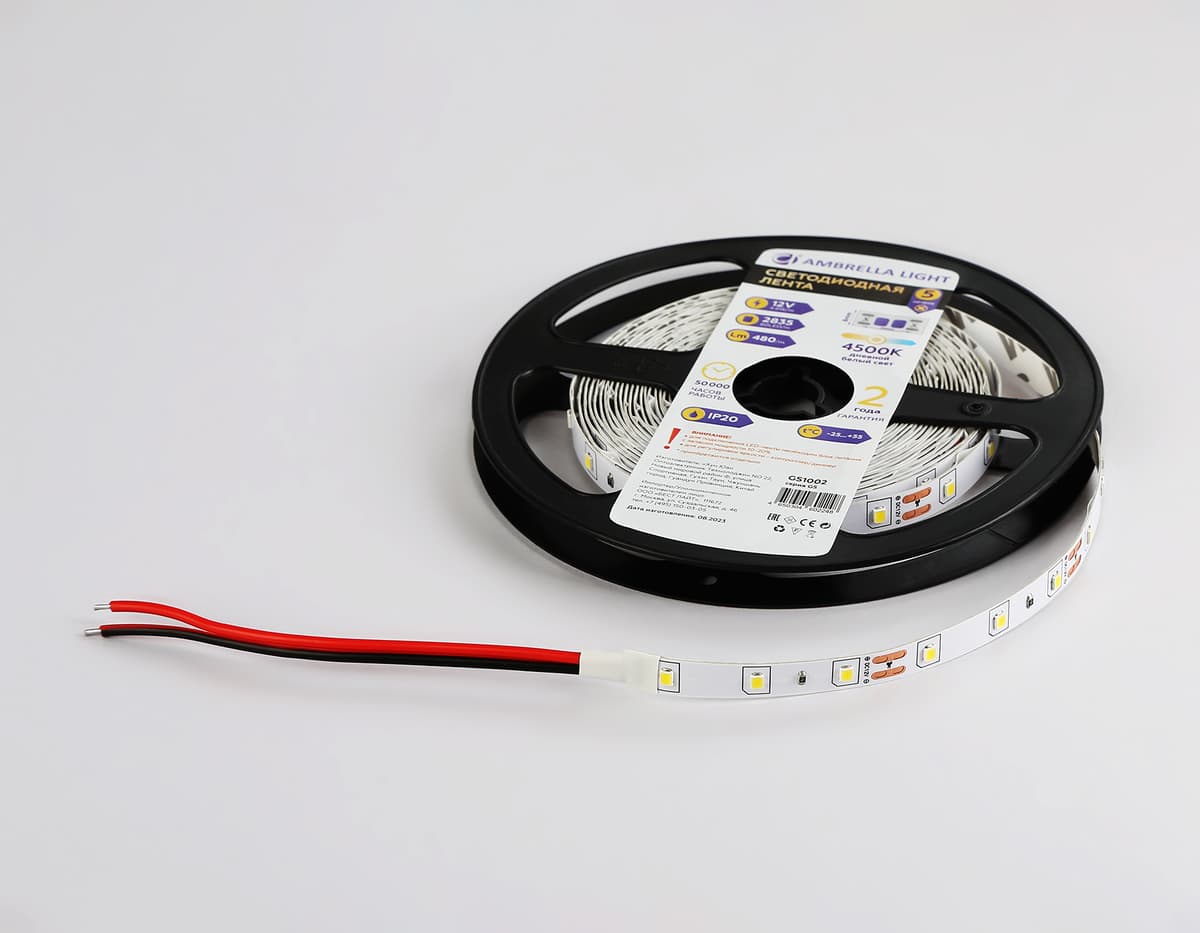GS1002 2835 60Led/ 4.8W m/ 12V IP20 4500K/ 5000*8*1.2mm (2 конт.)