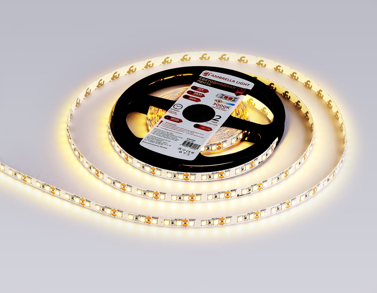 GS1101 2835 120Led/ 9.6W m/ 12V IP20 3000K/ 5000*8*1.2mm (2 конт.)