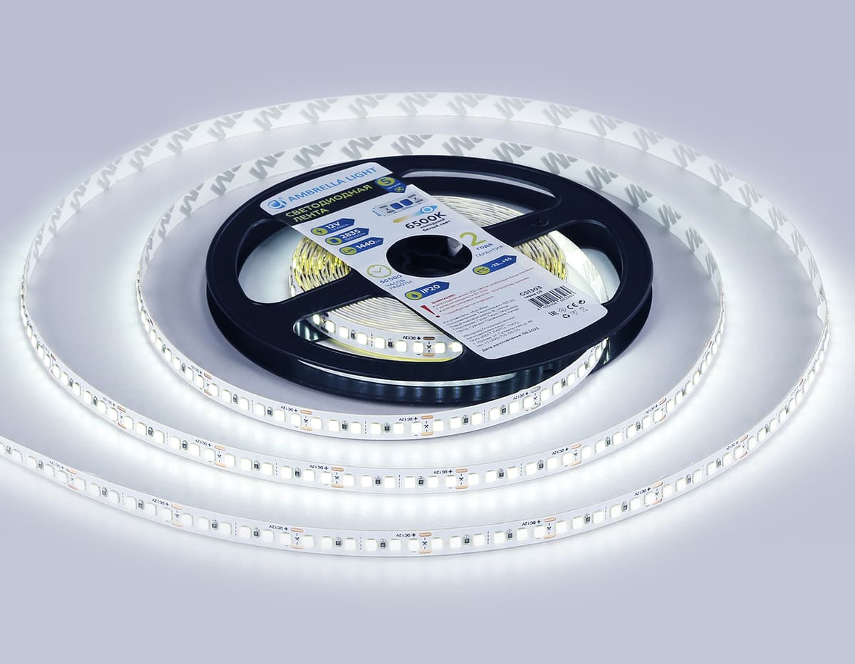 GS1303 2835 180Led/ 14.4W m/ 12V IP20 6500K/ 5000*8*1.2mm (2 конт.)