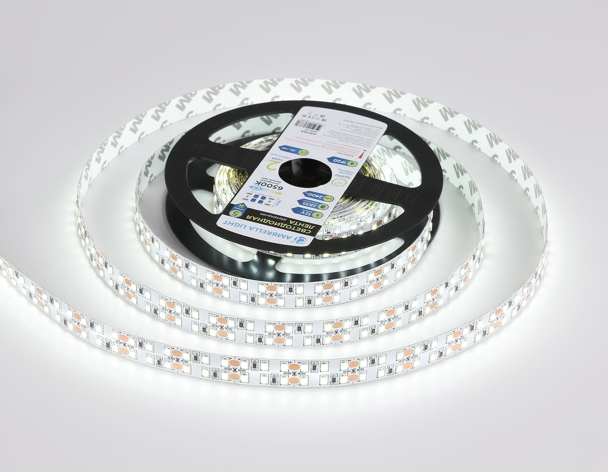 GS1703 2835 240Led/ 24W m/ 12V IP20 6500K/ 5000*10*1.2mm (2 конт.)