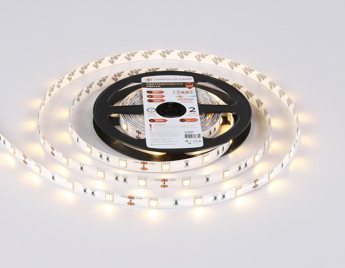 GS1801 5050 30Led/ 7.2W m/ 12V IP20 3000K/ 5000*10*1.87mm (2 конт.)