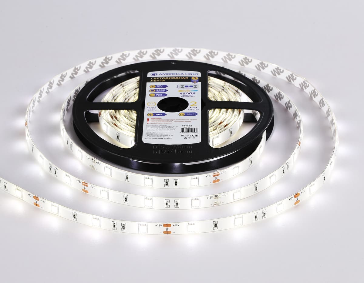 GS1902 5050 30Led/ 7.2W m/ 12V IP65 4500K/ 5000*10*2.87mm (2 конт.)