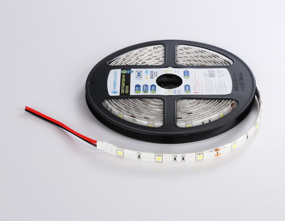 GS1903 5050 30Led/ 7.2W m/ 12V IP65 6500K/ 5000*10*2.87mm (2 конт.)