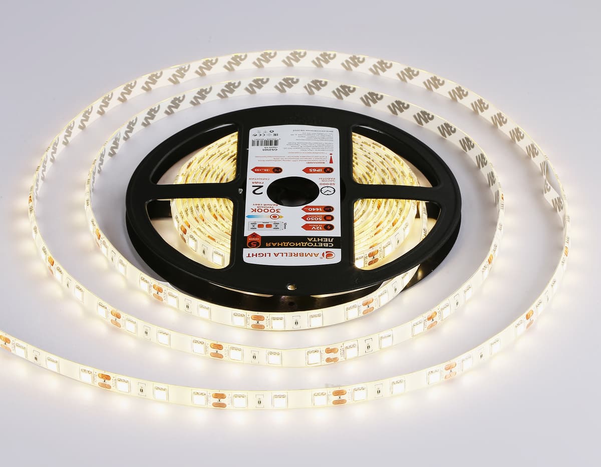 GS2101 5050 60Led/ 14.4W m/ 12V IP65 3000K/ 5000*10*2.87mm (2 конт.)