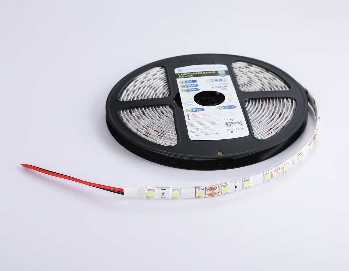 GS2103 5050 60Led/ 14.4W m/ 12V IP65 6500K/ 5000*10*2.87mm (2 конт.)
