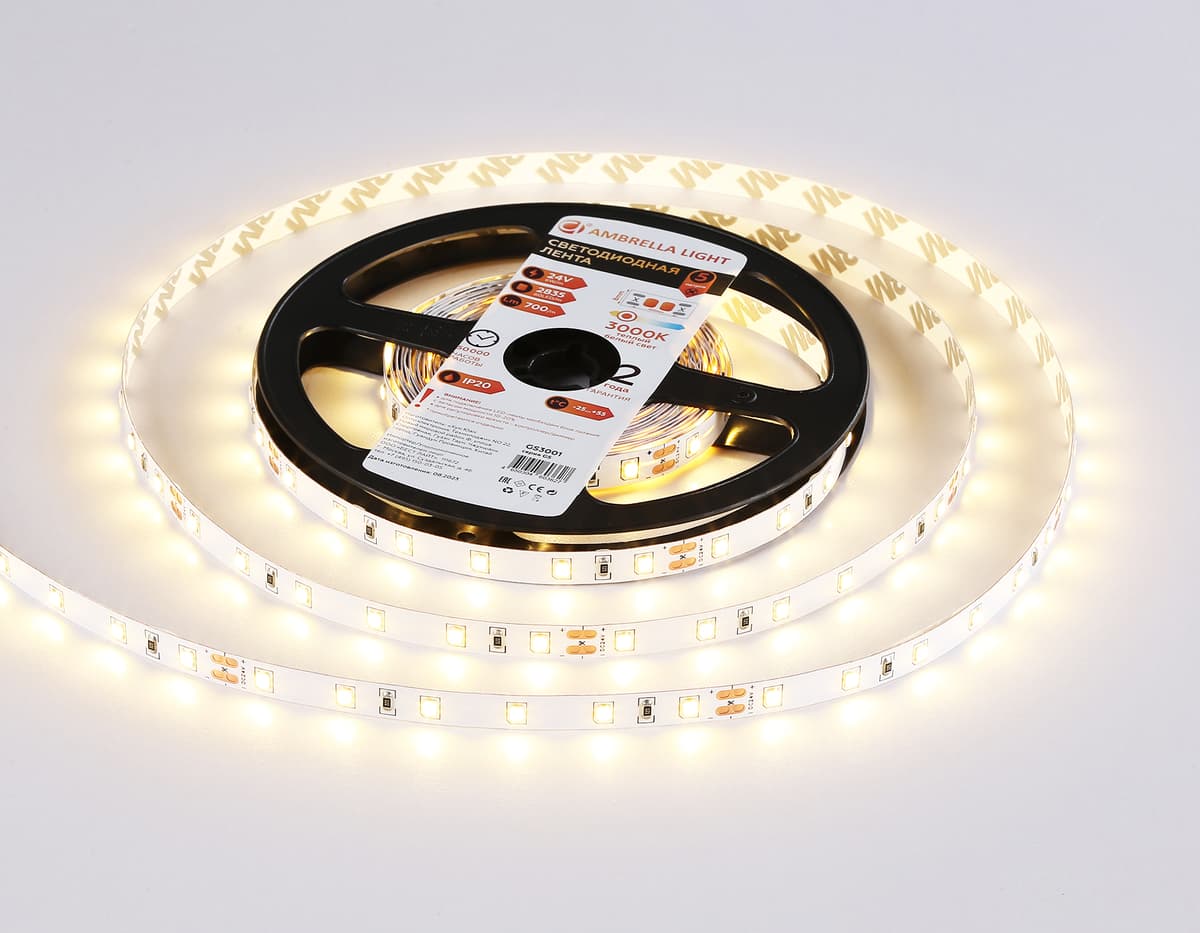 GS3001 2835 60Led/ 6W m/ 24V IP20 3000K/ 5000*8*1.2mm (2 конт.)