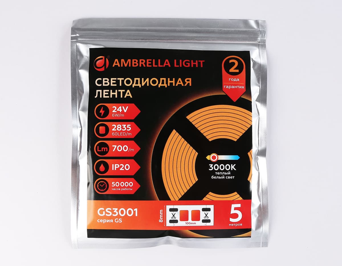 GS3001 2835 60Led/ 6W m/ 24V IP20 3000K/ 5000*8*1.2mm (2 конт.)
