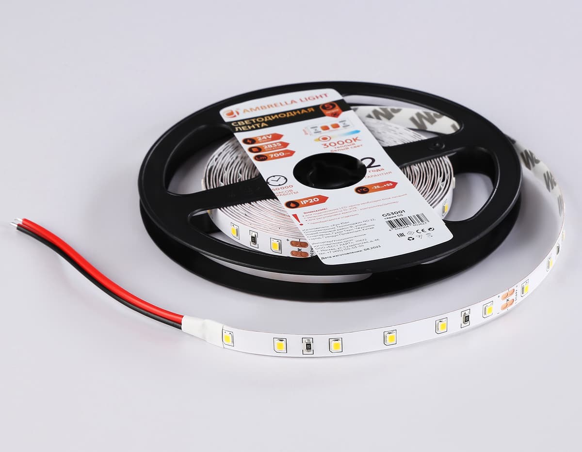 GS3001 2835 60Led/ 6W m/ 24V IP20 3000K/ 5000*8*1.2mm (2 конт.)