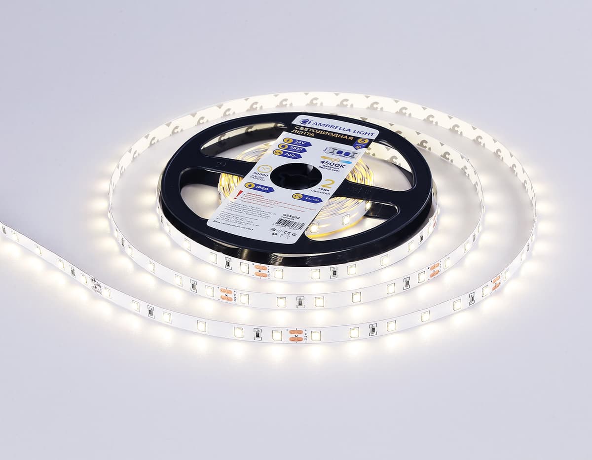 GS3002 2835 60Led/ 6W m/ 24V IP20 4500K/ 5000*8*1.2mm (2 конт.)