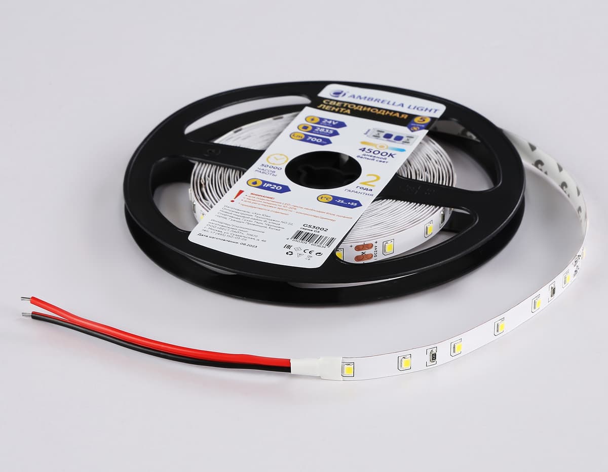 GS3002 2835 60Led/ 6W m/ 24V IP20 4500K/ 5000*8*1.2mm (2 конт.)