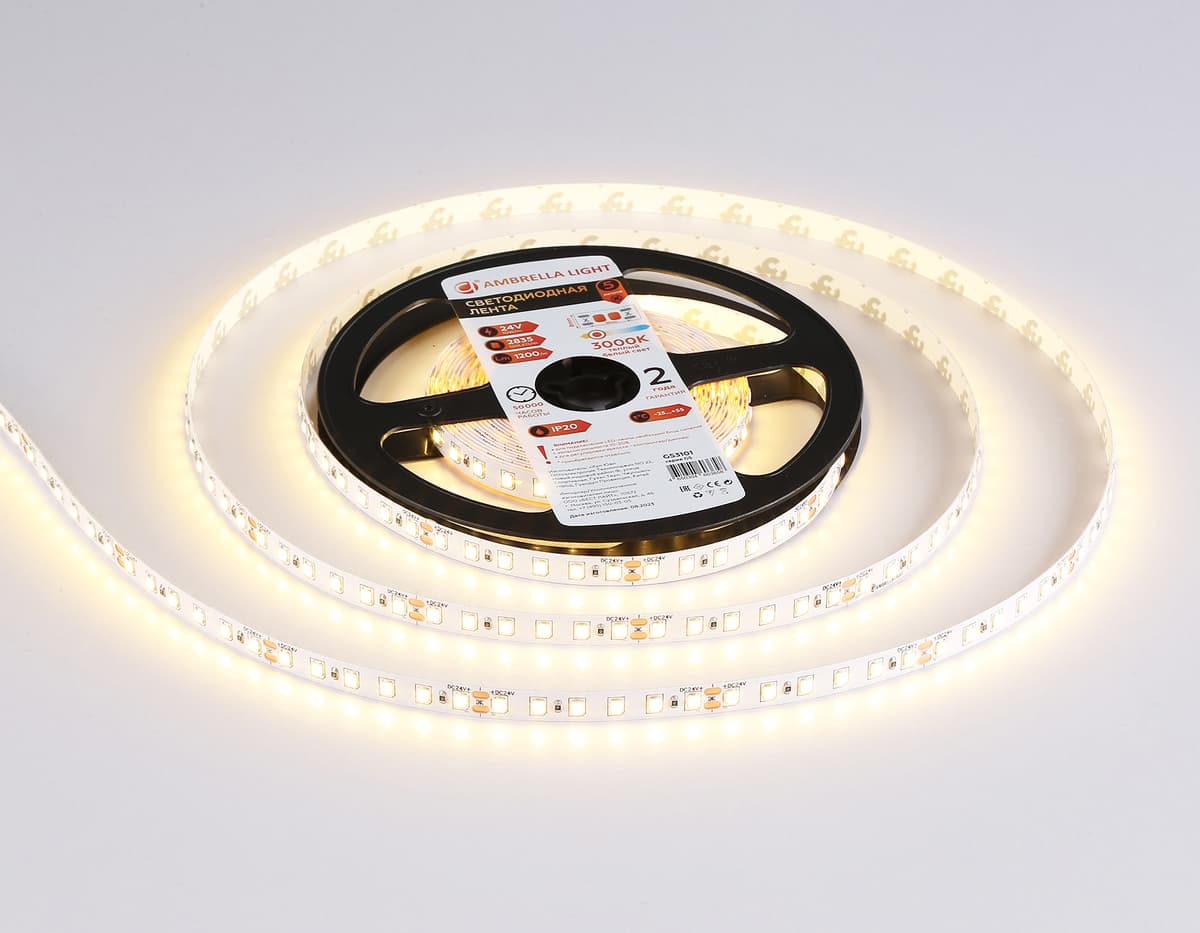 GS3101 2835 120Led/ 10W m/ 24V IP20 3000K/ 5000*8*1.2mm (2 конт.)
