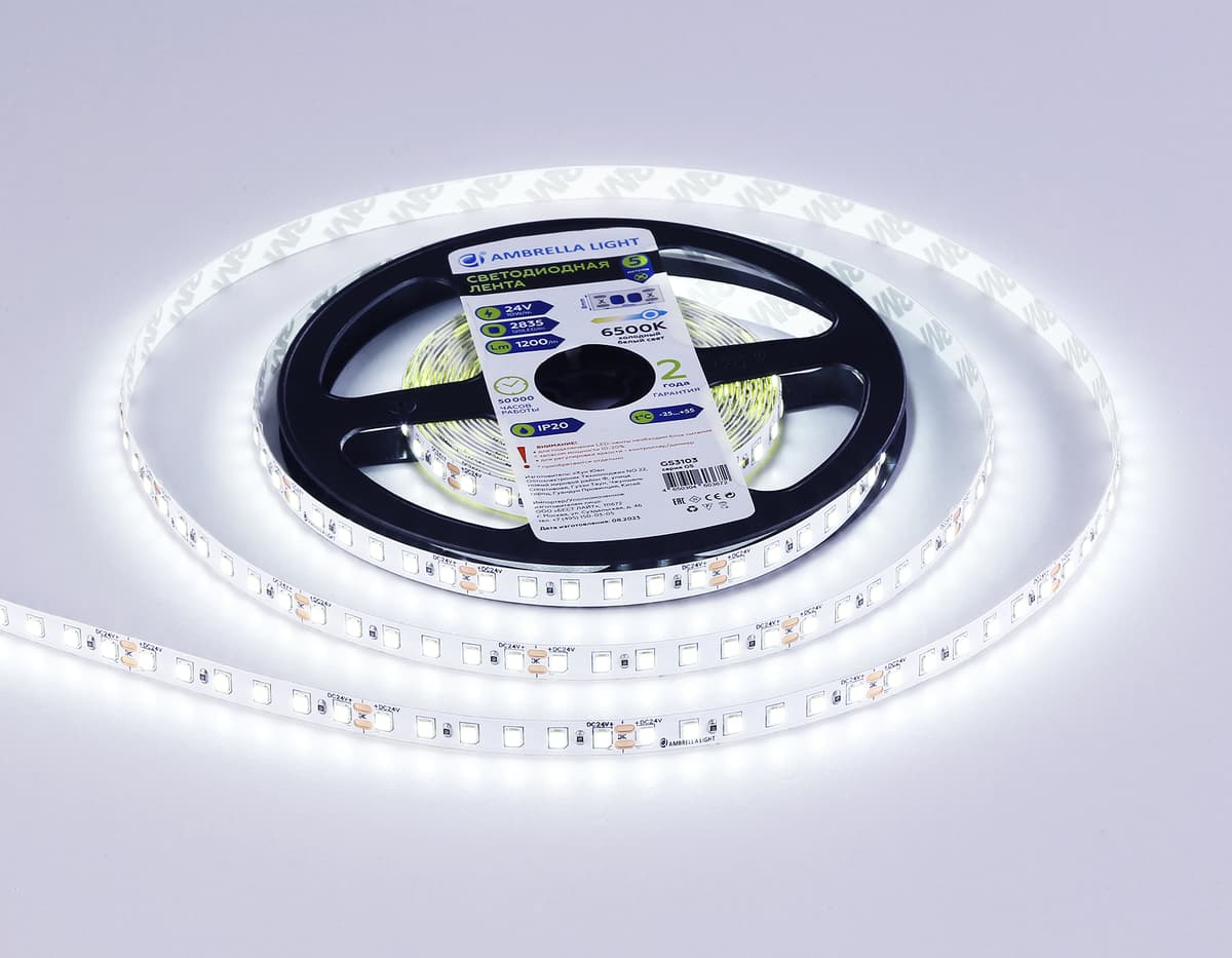 GS3103 2835 120Led/ 10W m/ 24V IP20 6500K/ 5000*8*1.2mm (2 конт.)