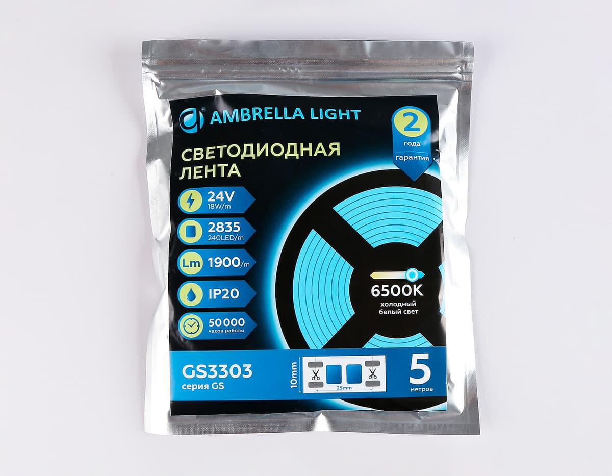 GS3303 2835 240Led/ 18W m/ 24V IP20 6500K/ 5000*10*1.2mm (2 конт.)