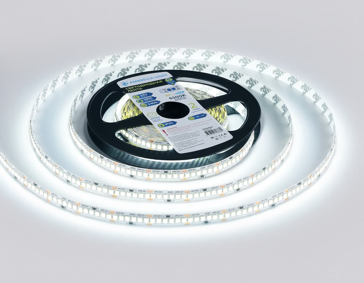 GS3403 2835 240Led/ 20W m/ 24V IP20 6500K/ 5000*10*1.2mm (2 конт.)