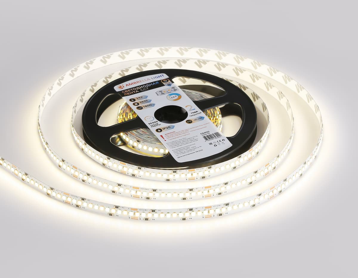 GS4151 2835 240Led/ 18W m/ 24V IP20 CCT 3000-6500K/5000*10*1.2mm (3 конт.)