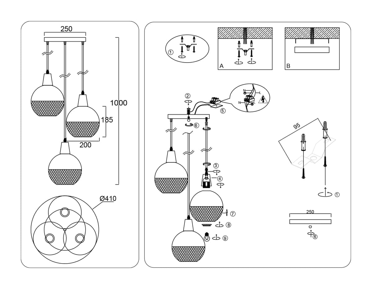 TR8503/3 WH/CP белый/медь E27/3 max 60W D410*1000