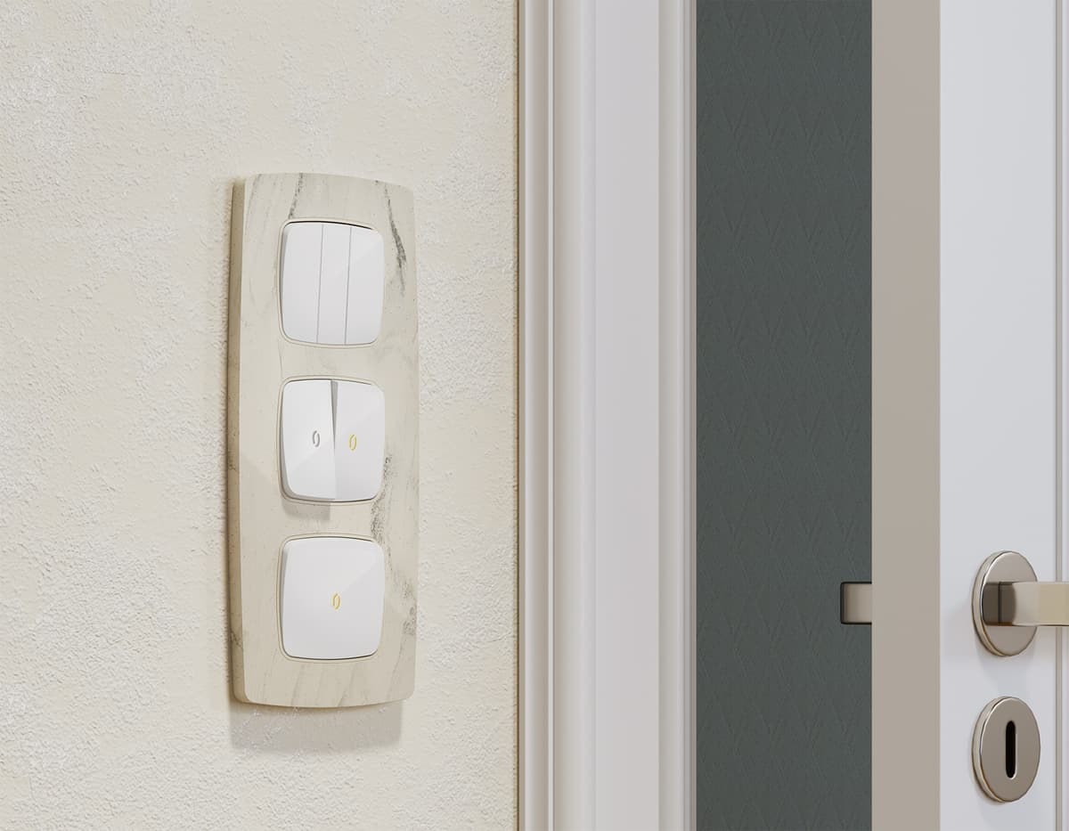 Комплект механизма 1-кл проходного выключателя с подсветкой 3200K OMEGA Белый глянец QUANT (OP1020, VM105, G22Y)