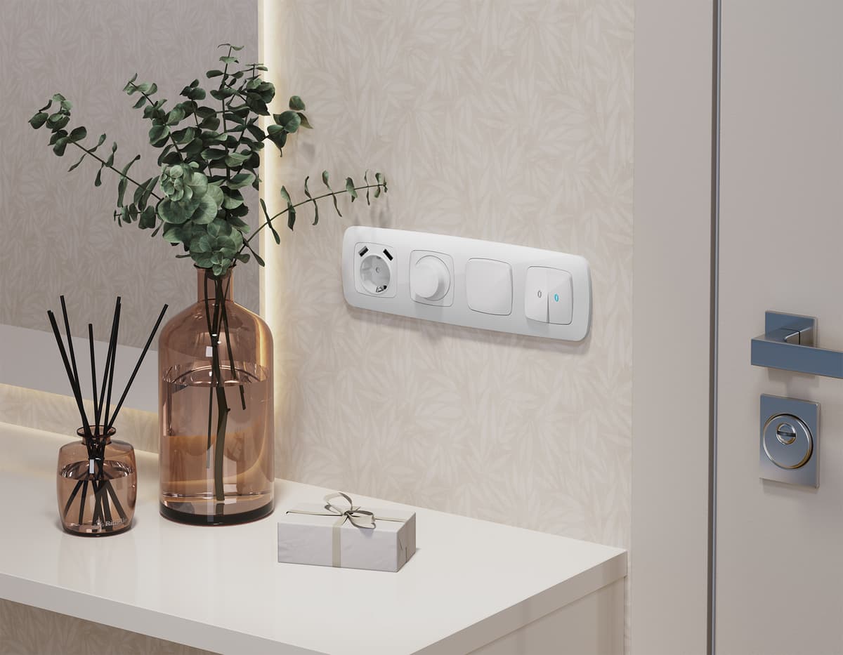 Комплект механизма 2-кл проходного выключателя с подсветкой 10000K OMEGA Белый глянец QUANT (OP1040, VM120, G29B)