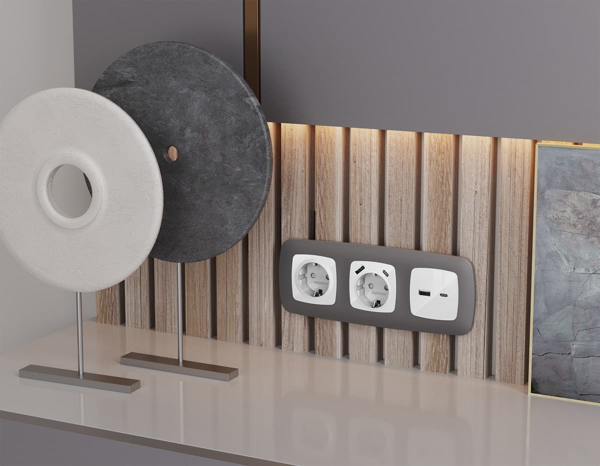 Комплект механизма розетки OMEGA Белый глянец 2USB A+C 20W (быстрая зарядка) QUANT (OP1110, VM177)