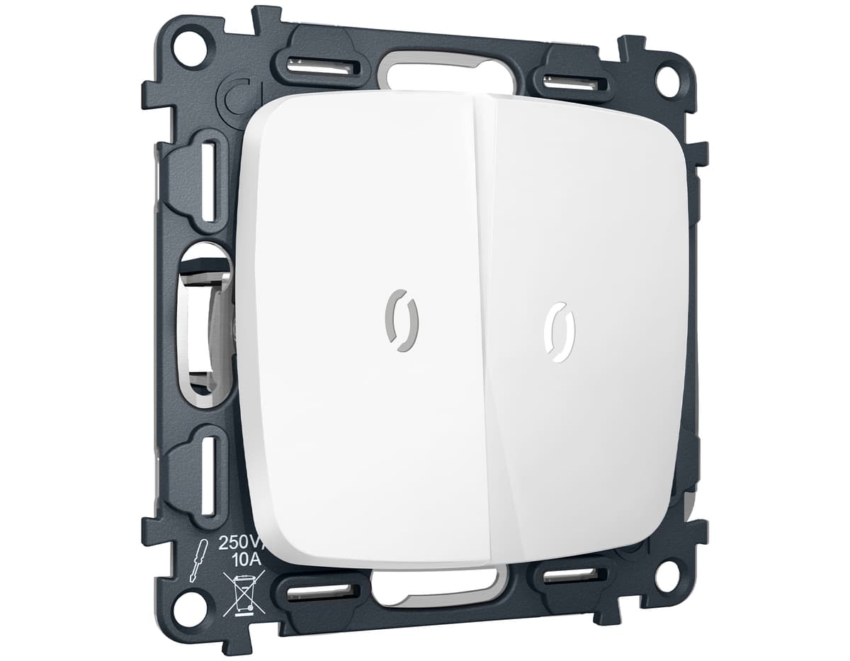 Комплект механизма 2-кл выключателя с самовозвратом с подсветкой 5600K OMEGA Белый матовый QUANT (OP1240, VM129, G14W)