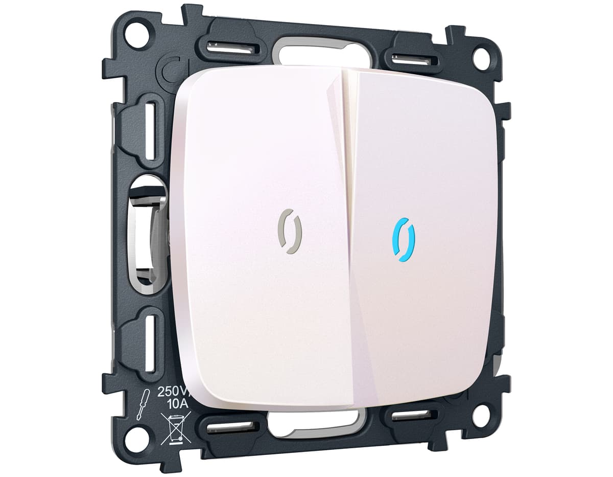 Комплект механизма 2-кл выключателя с самовозвратом с подсветкой 10000K OMEGA Жемчуг QUANT (OP2040, VM129, G17B)